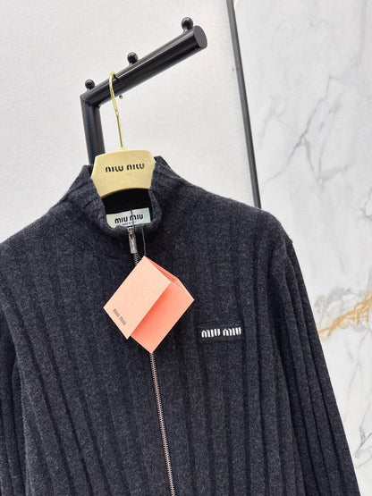Miu NEW Zippered Ribbed Cashmere Cardigan