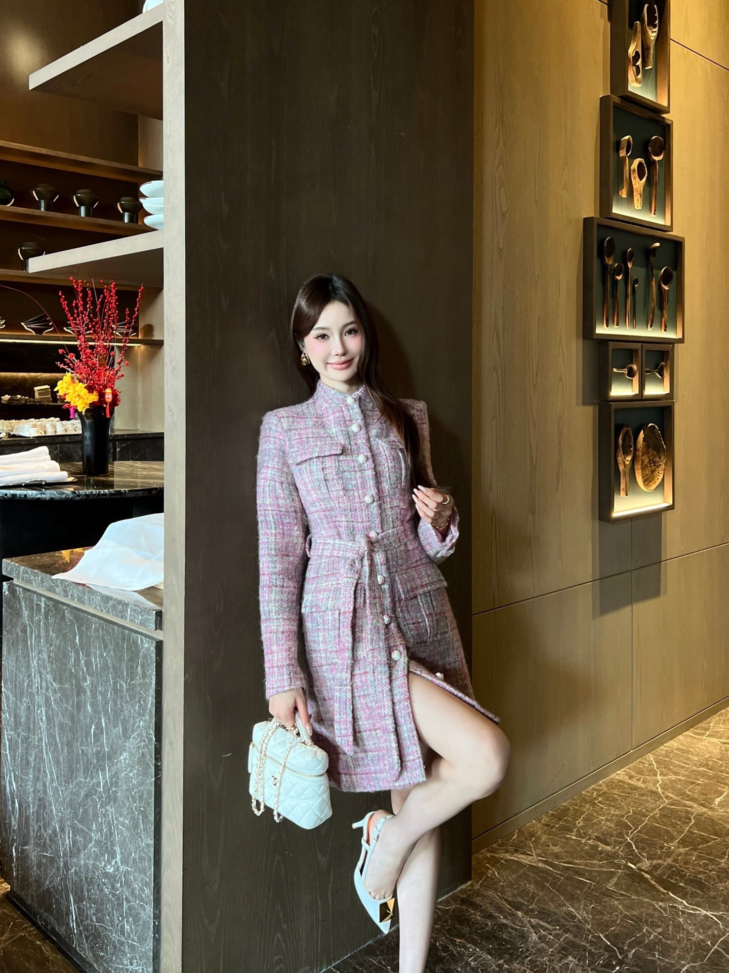 Chan NEW check tweed coat dress