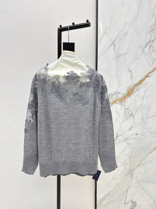 Es NEW  embroidery lace off shoulder sweater