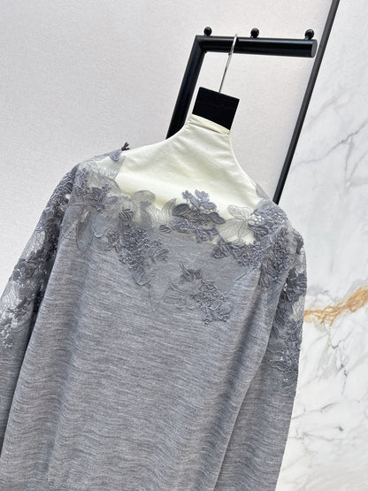 Es NEW  embroidery lace off shoulder sweater