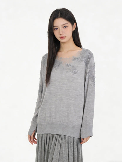 Es NEW  embroidery lace off shoulder sweater