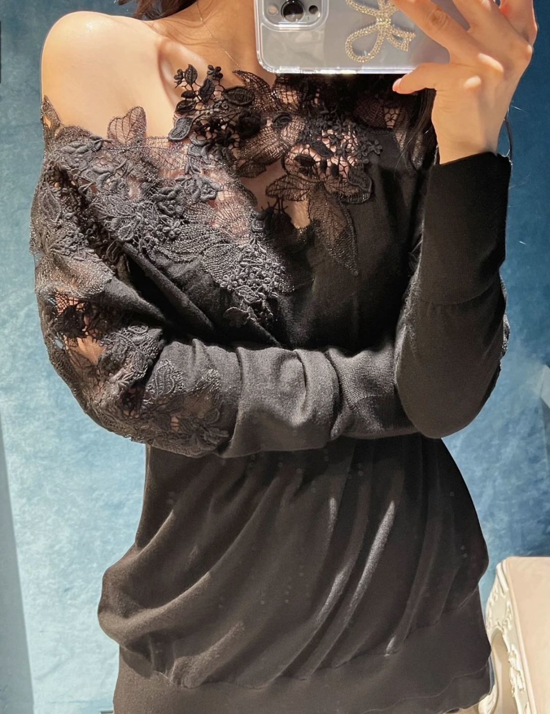 Es NEW  embroidery lace off shoulder sweater