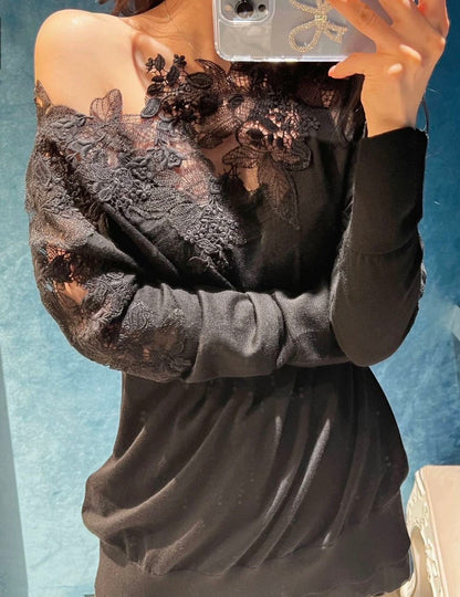 Es NEW  embroidery lace off shoulder sweater
