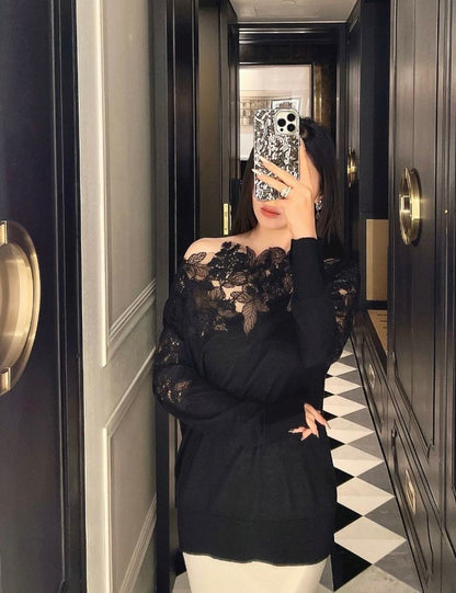 Es NEW  embroidery lace off shoulder sweater