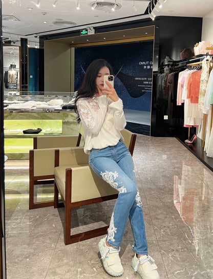 Es NEW  embroidery lace off shoulder sweater