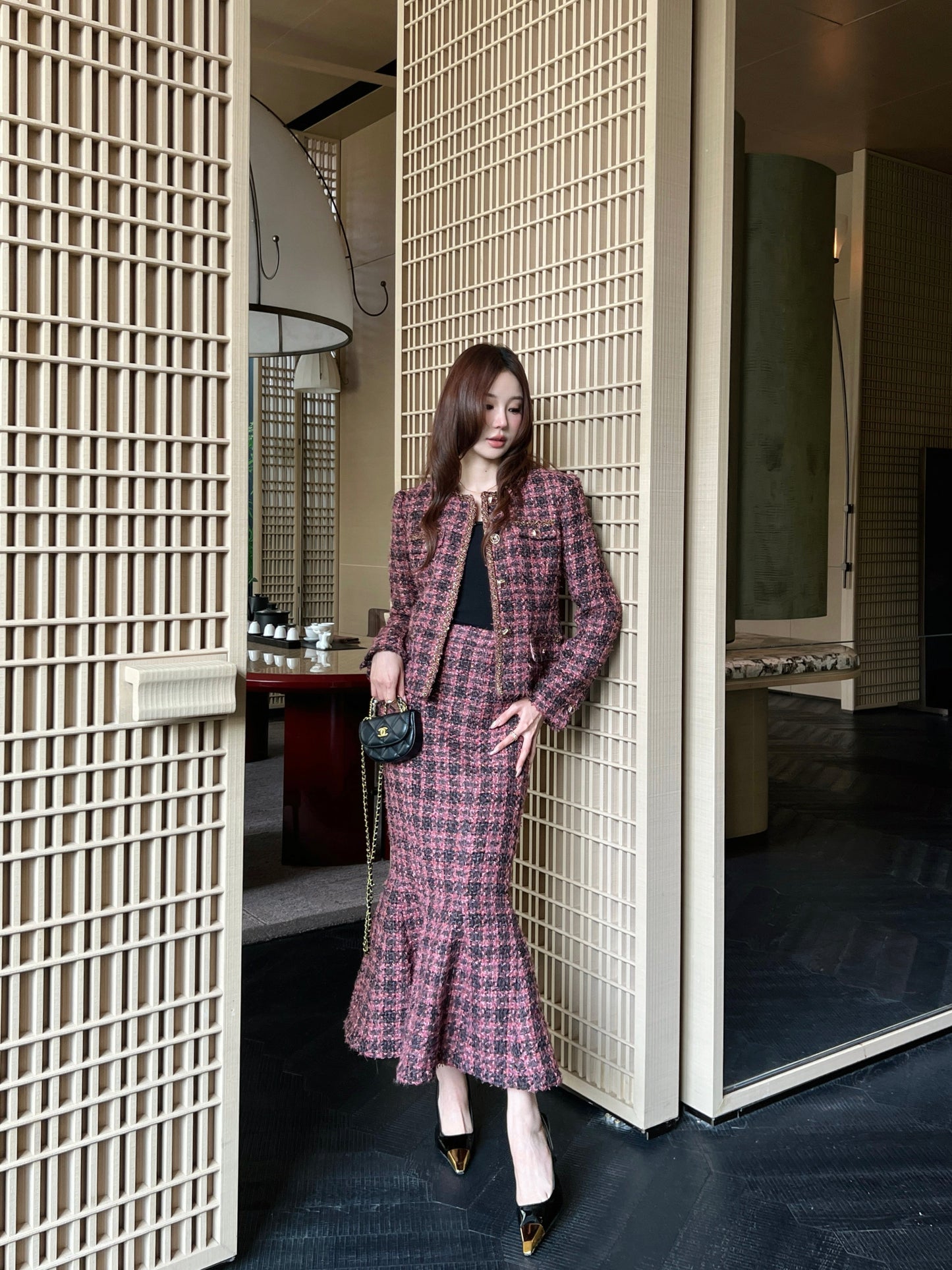 Chan NEW woven jacke +woven fishtail skirt set