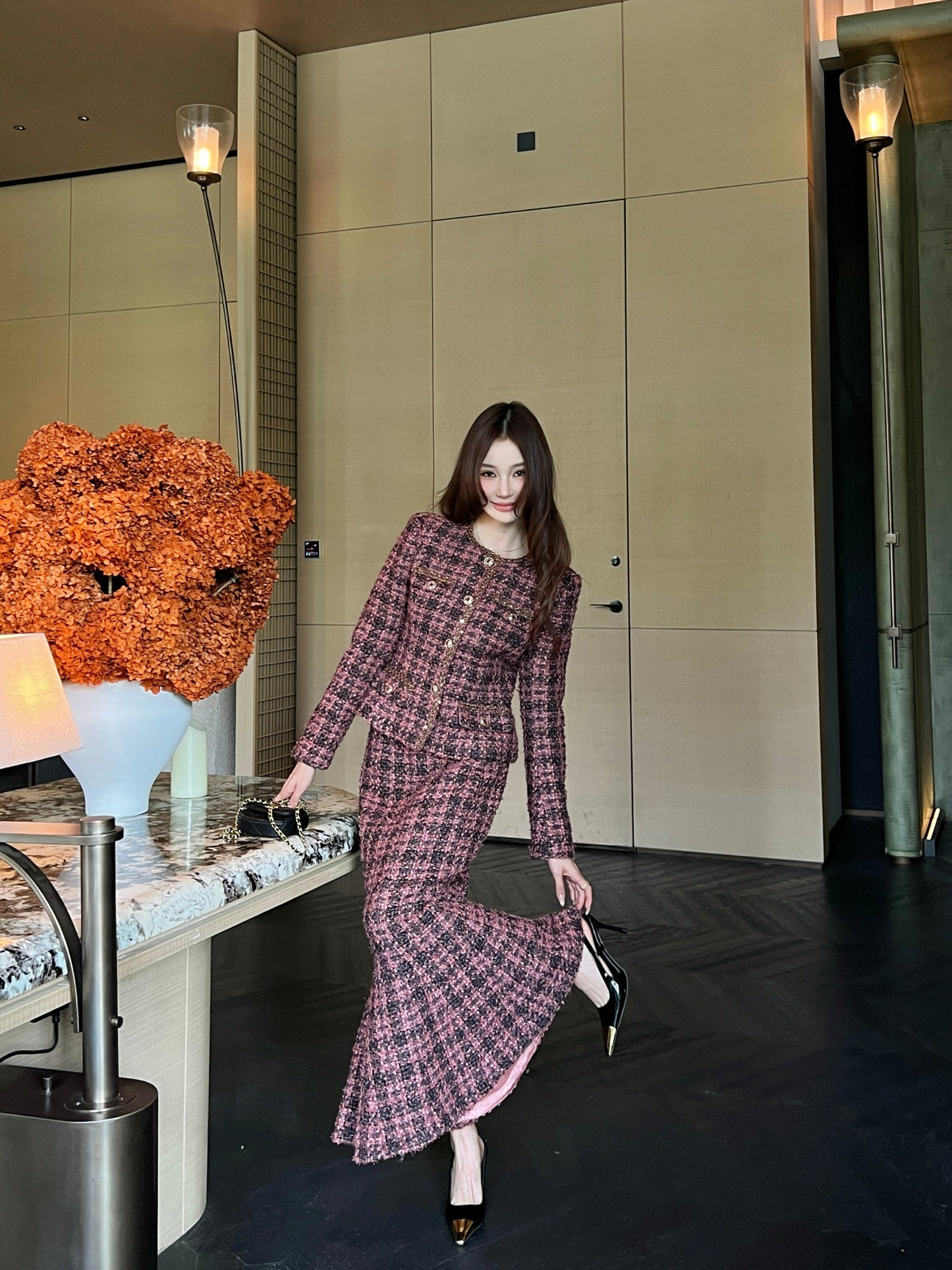 Chan NEW woven jacke +woven fishtail skirt set