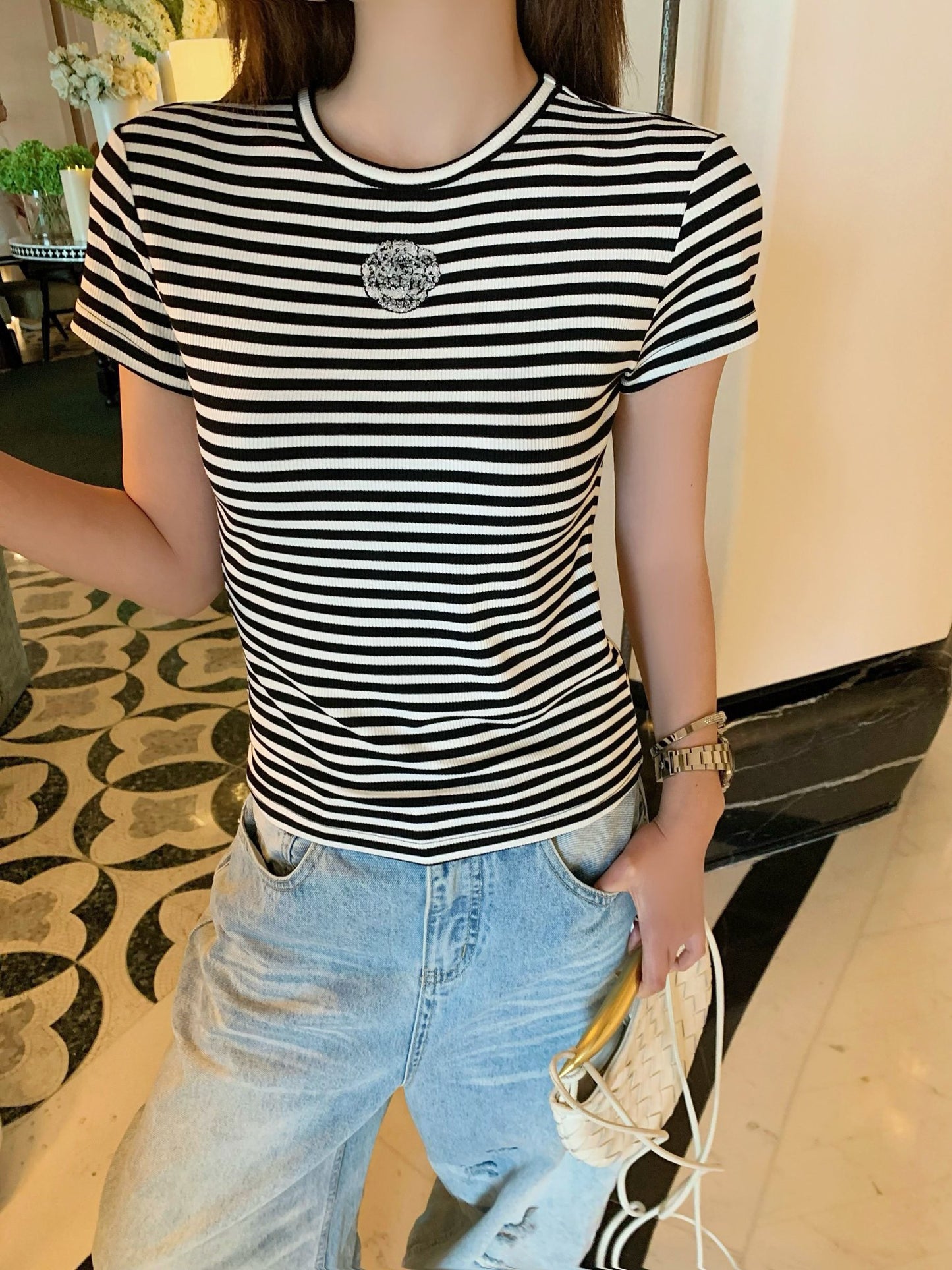 Chan NEW stripe beading t-shirt