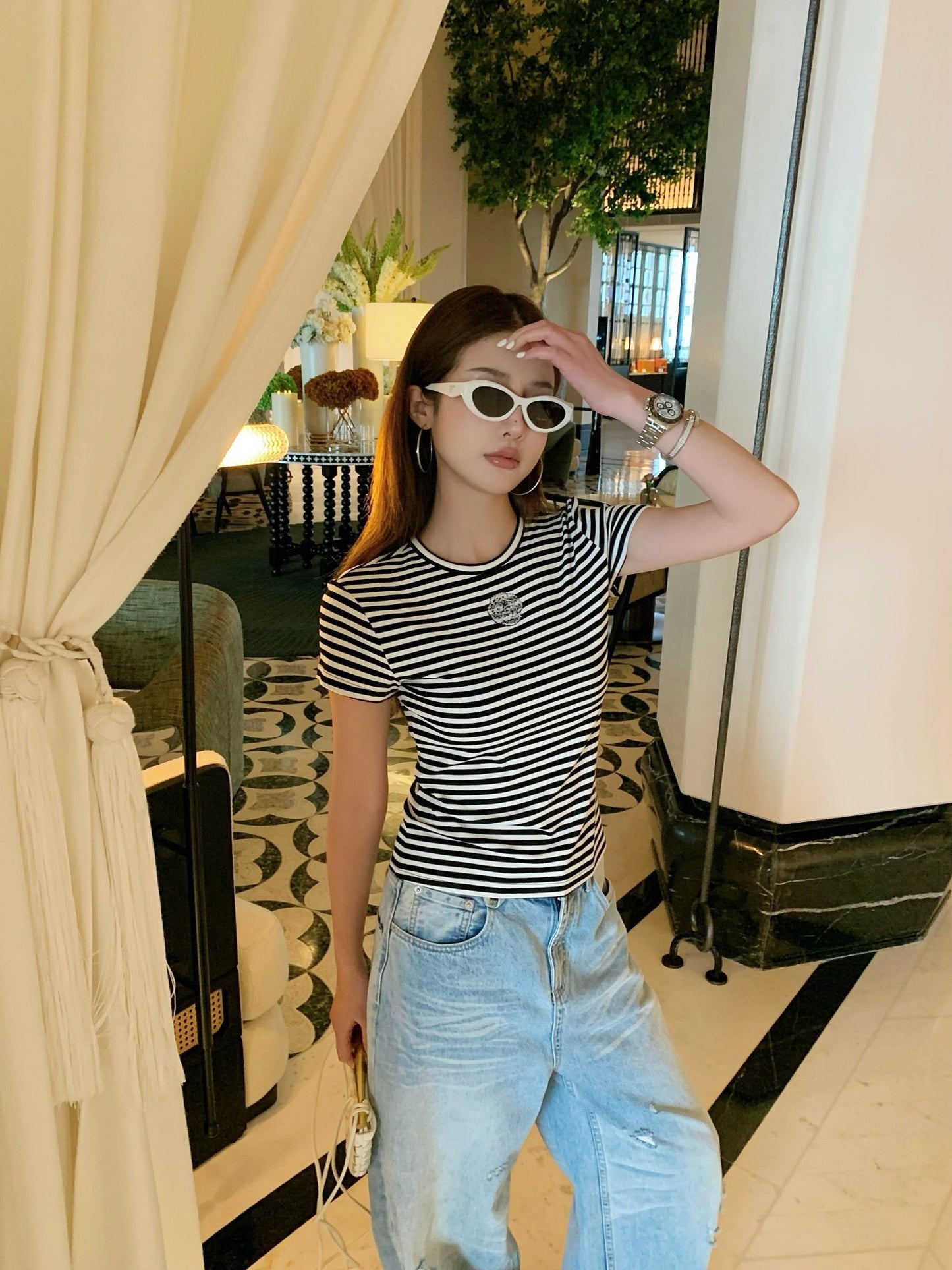 Chan NEW stripe beading t-shirt